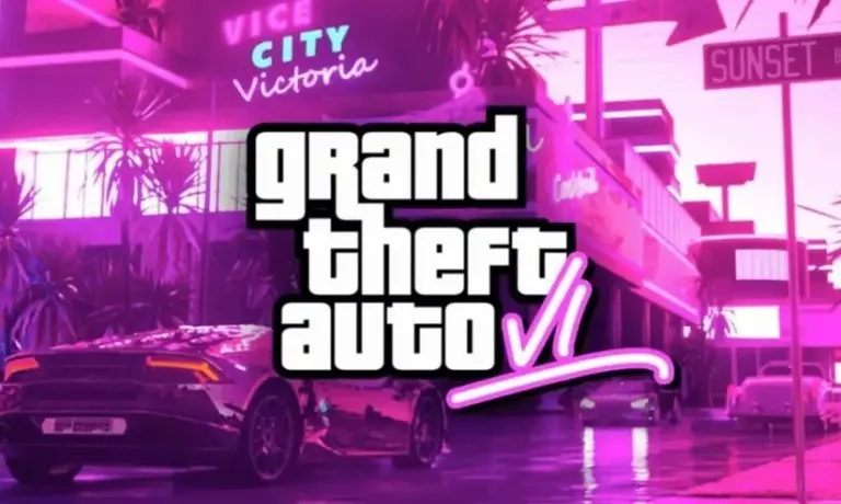 A imagem é uma capa do jogo GTA 6 em coloração roxa e rosa