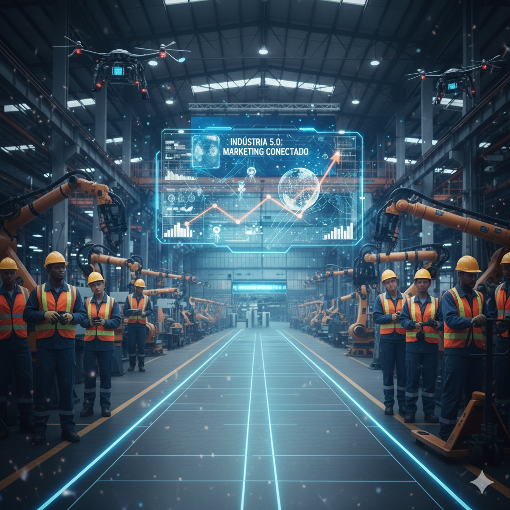 A imagem retrata um ambiente industrial moderno e automatizado, com foco em trabalhadores usando Equipamentos de Proteção Individual (EPIs). O propósito central da imagem é ilustrar a intersecção entre a tecnologia avançada da Indústria 5.0 e a presença humana no chão de fábrica, com ênfase na segurança dos trabalhadores.