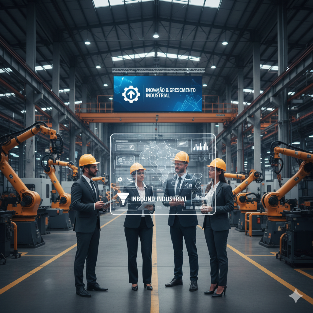 A imagem retrata um ambiente industrial moderno e automatizado, com foco em Executivos. O propósito central da imagem é ilustrar a intersecção entre a tecnologia avançada da Indústria 5.0 e a presença humana no chão de fábrica, com ênfase na segurança dos trabalhadores.